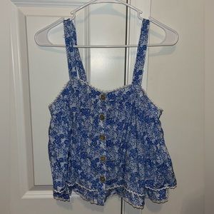 Pretty blue and white Altard State tank top with buttons and lacey trim